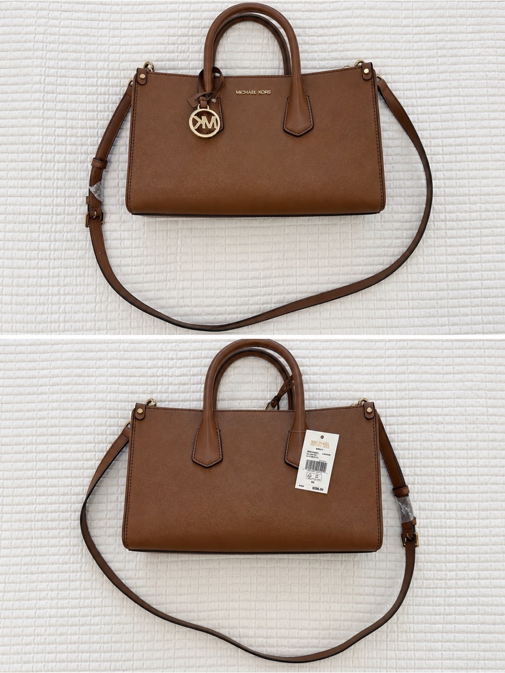 Michael Kors Cognac Brown Saffiano Leather Satchel with Gold-Tone Logo Charm
